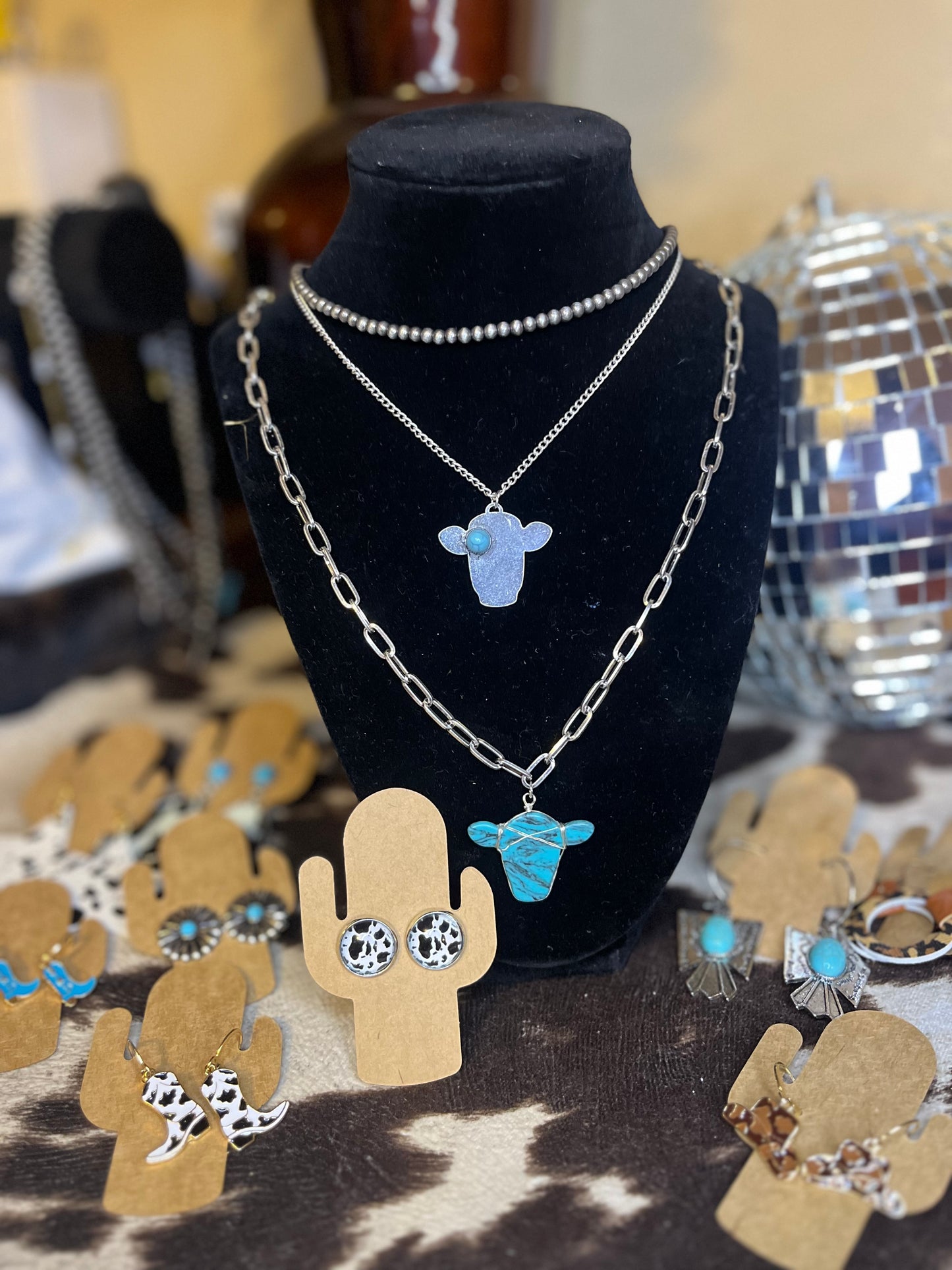 3 Layer Faux Navajo, Silver, and Turquoise Cow Head Necklace