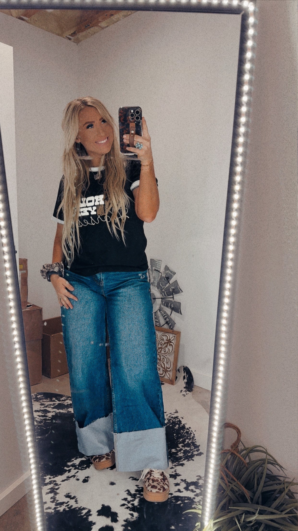 Wide Leg Jeans with Comfort Stretch & Cuff- Dark Stone