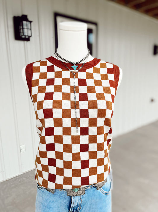 Brown Checkered Rib Knit Sweater Vest