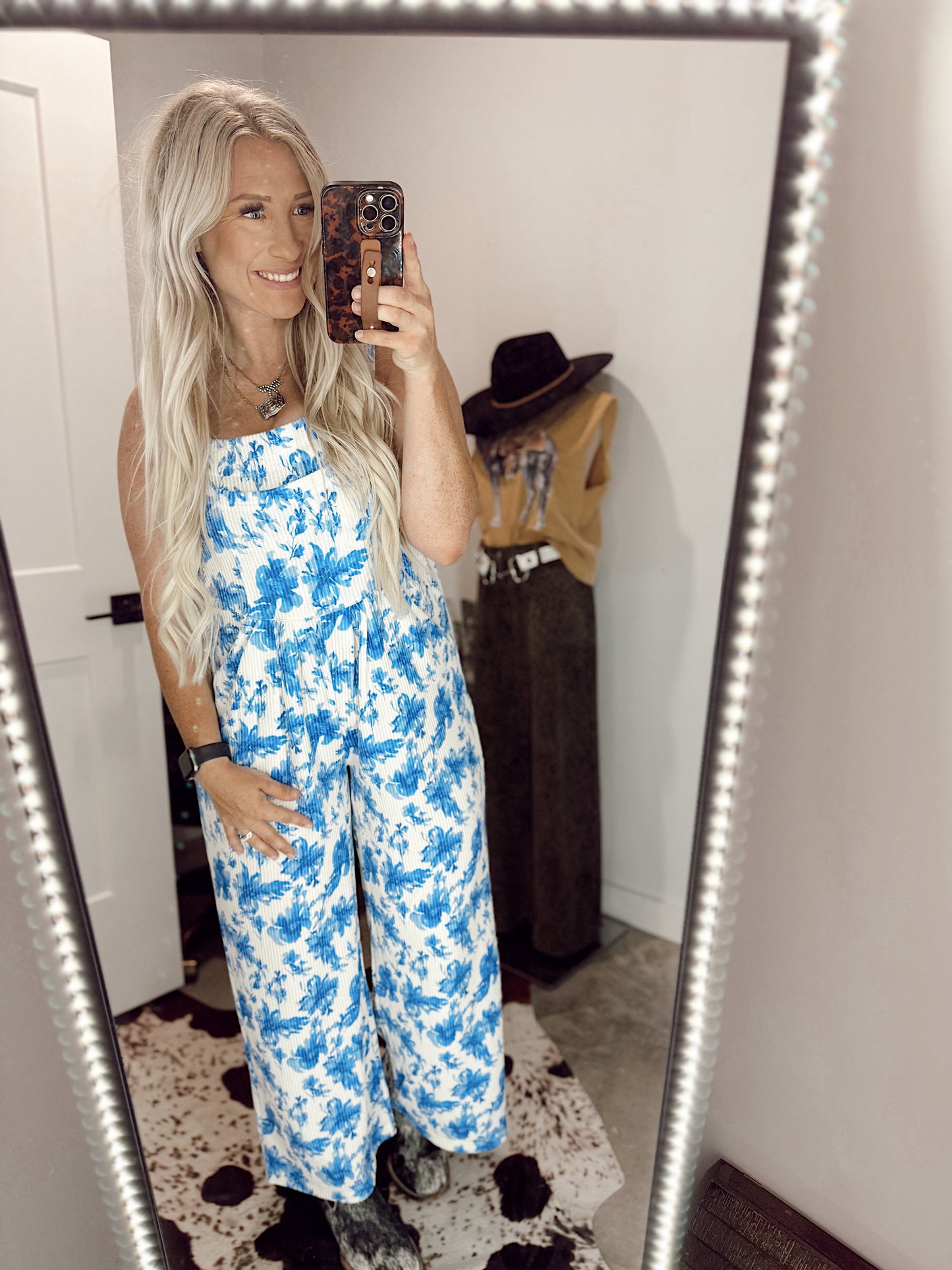Cassidy Floral Boho Overalls: Blue Floral