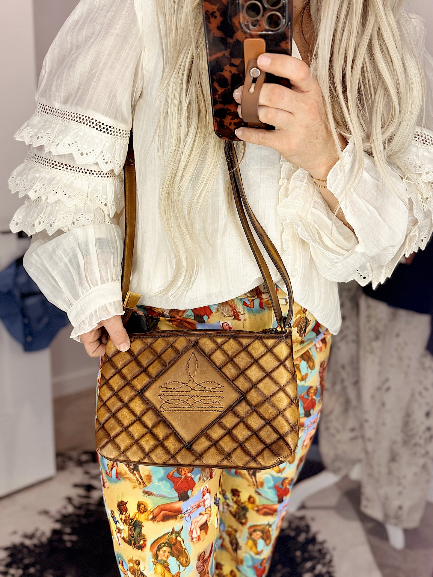 American Darling Bag: Quilted Tan Leather Crossbody Bag — Western Boot Stitch