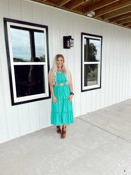 Sleeveless Button Down Tiered Midi Dress