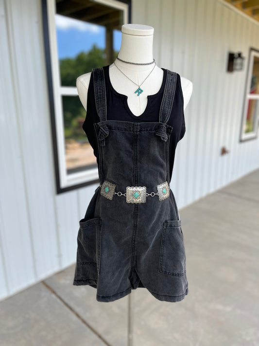 Washed Knot Strap Romper Overalls - Black