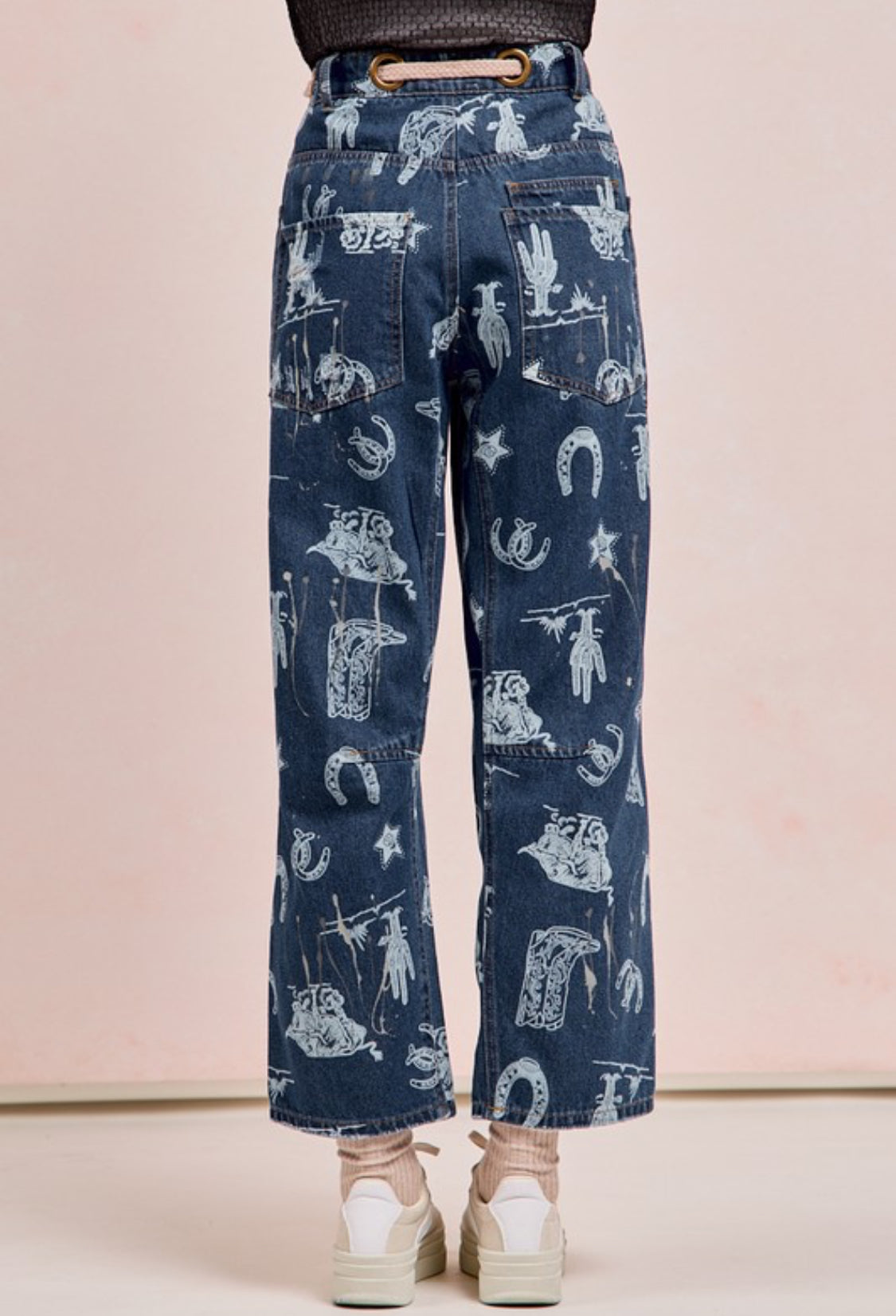 Cowboy Print Denim Pants With Braided Belt
