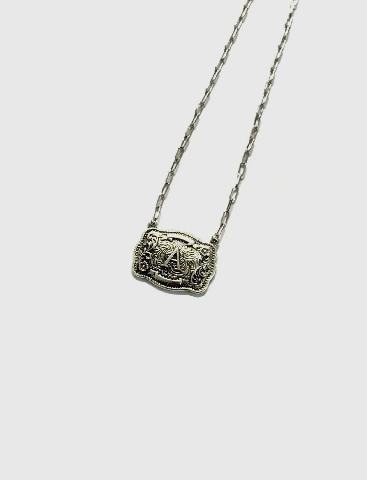 Belt Buckle Initial Necklace: Silver