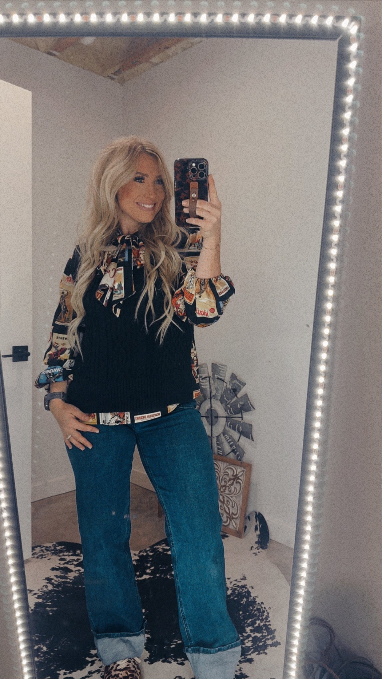 Western Cowboy Stamps Print— Ribbon Blouse