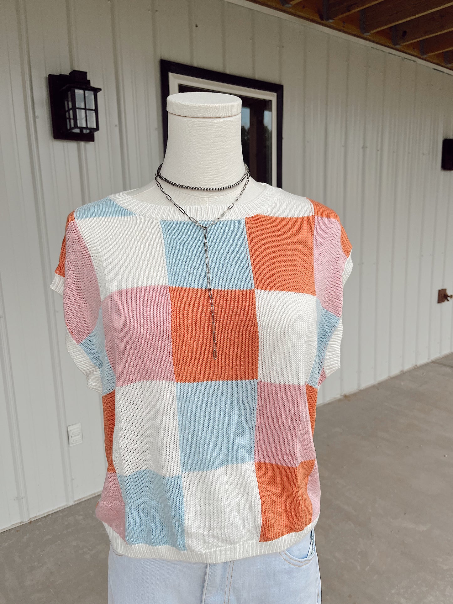 Color Block Grapefruit Cap Sleeved Sweater