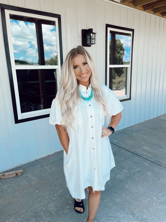 White Half Puff Sleeved Mini Dress