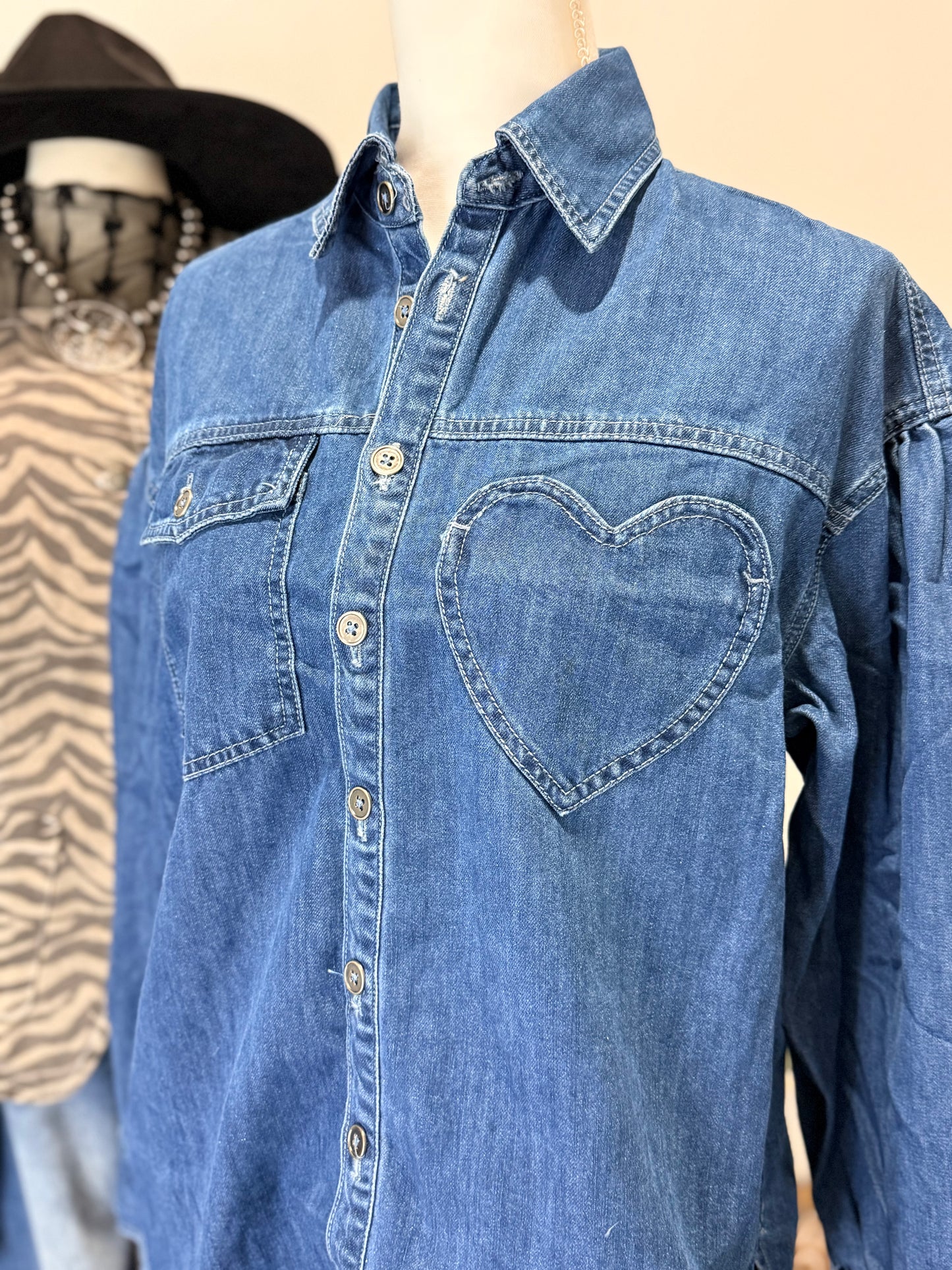 Heart Detail Oversized Denim Shirt
