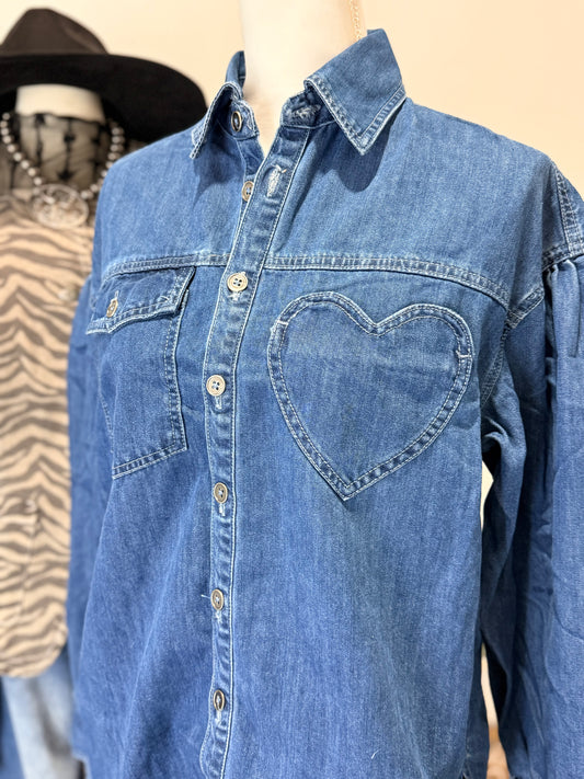 Heart Detail Oversized Denim Shirt