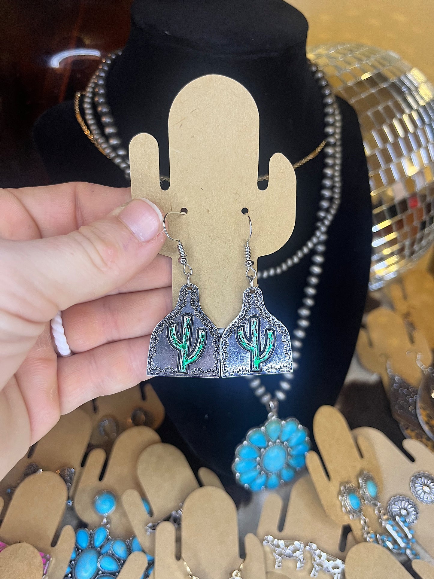 Cattle Tag Earrings with Cactus