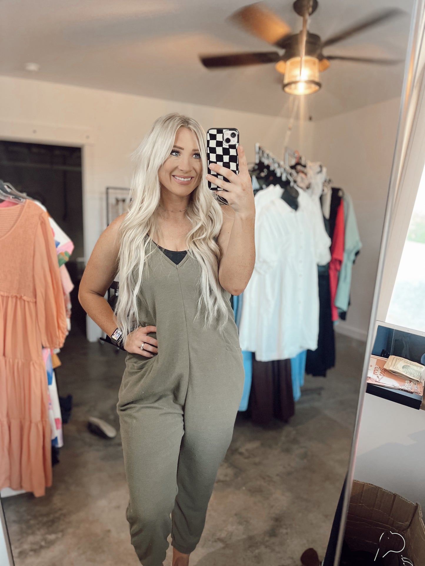 Waffle Knit Spafhetti Strap Jumpsuit- Olive Green