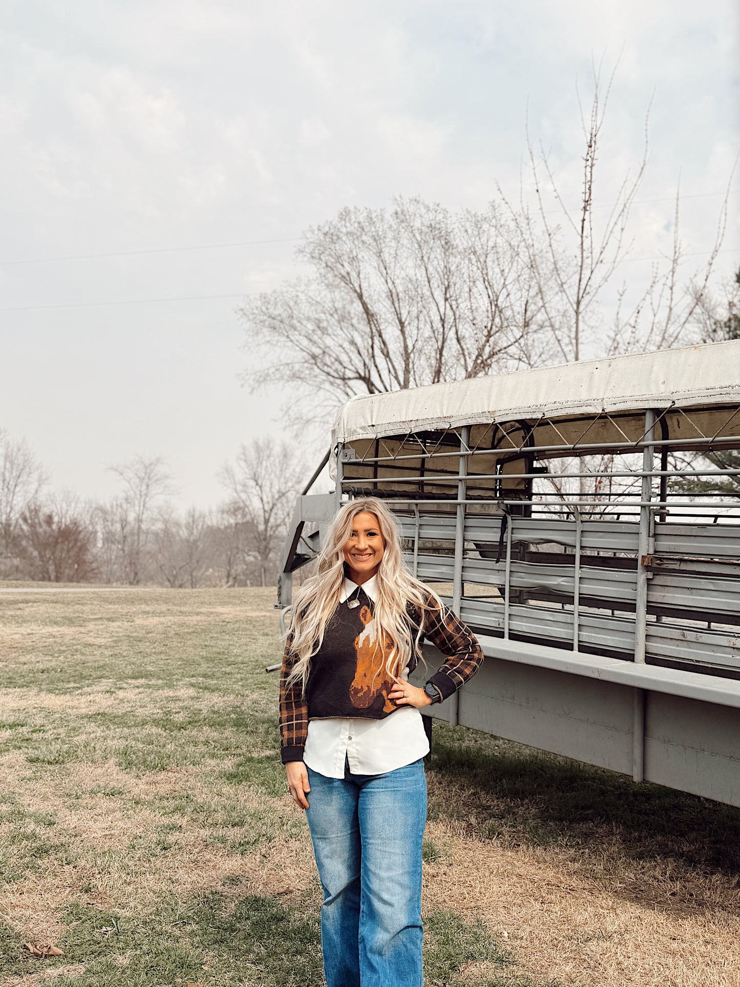 Side Pony Checkered Sweater