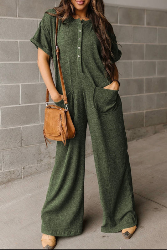 Jungle Green Textured Wide Leg Jumpsuit