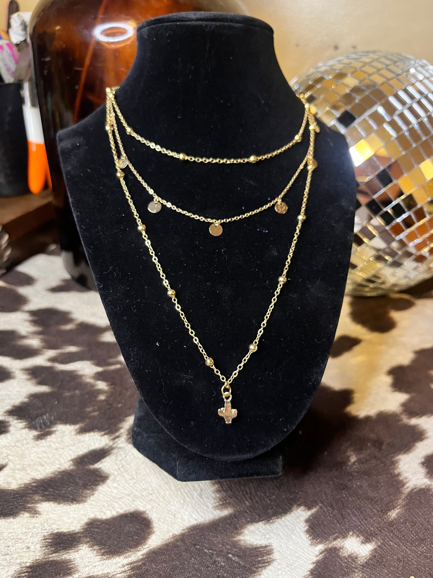 Gold 3 Layered Necklace with Cactus Charm