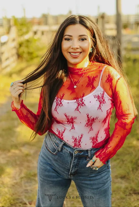 Mesh Long Sleeve Stretch Top- Razorback Red