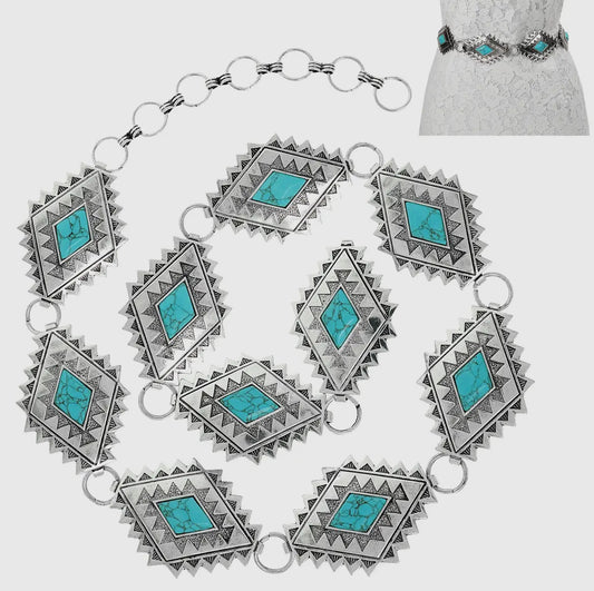 Western Turquoise Diamond Concho Chain Link Belt