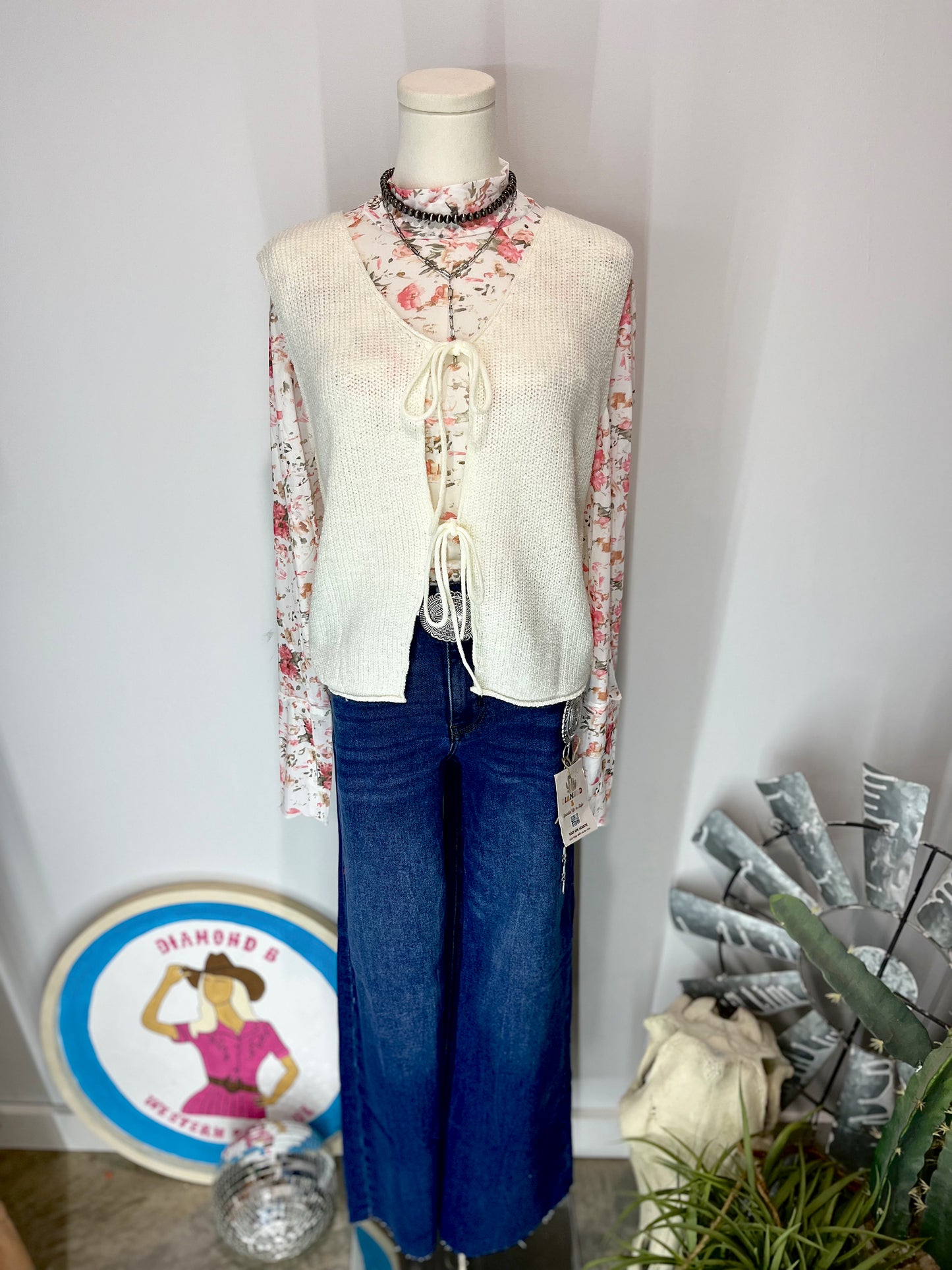 Beige Lace Up Sweater Vest