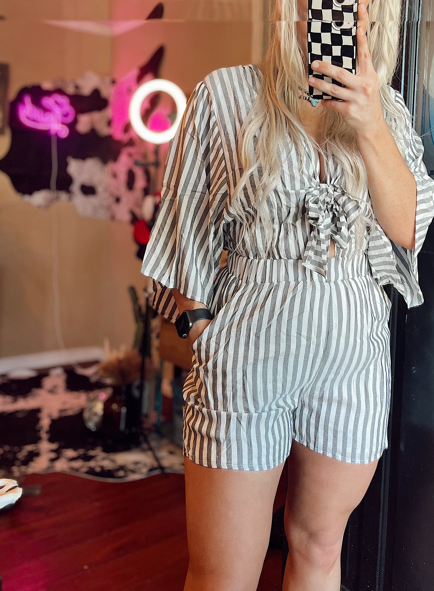 Tie Front Striped Romper with Pockets