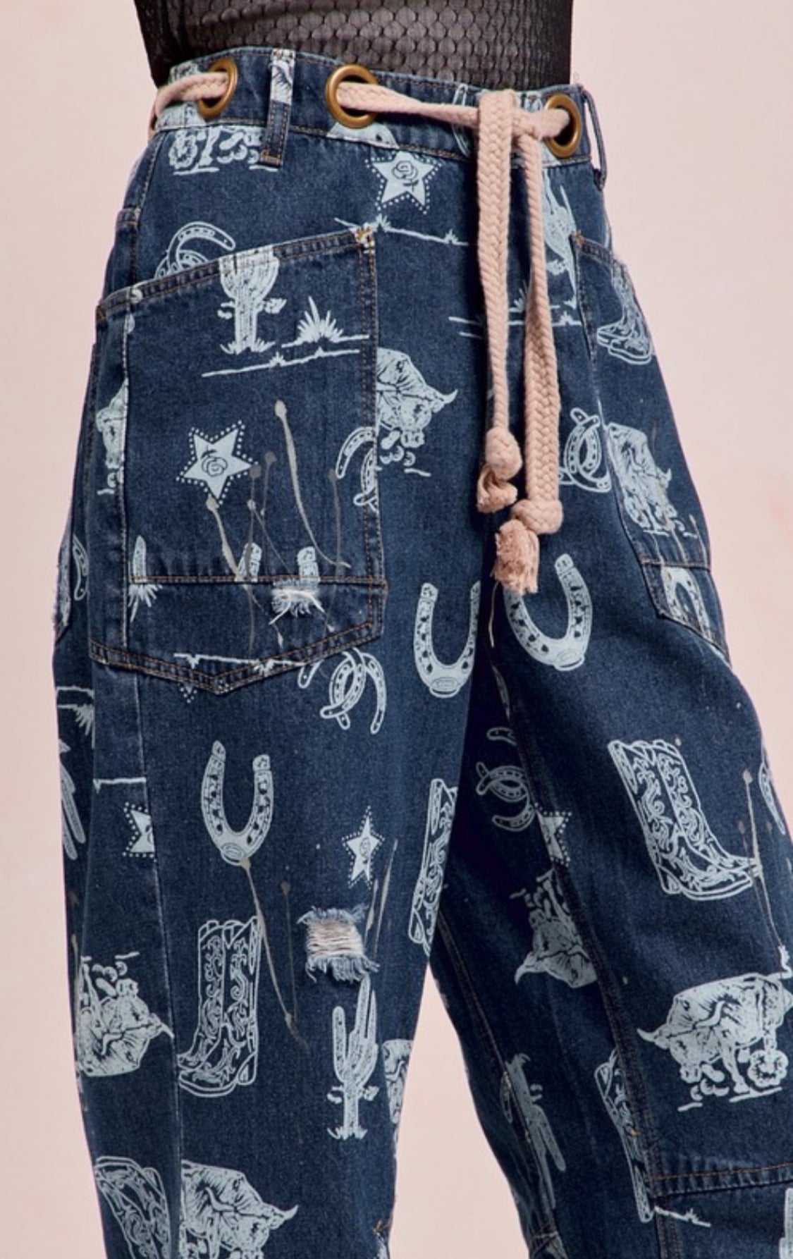 Cowboy Print Denim Pants With Braided Belt