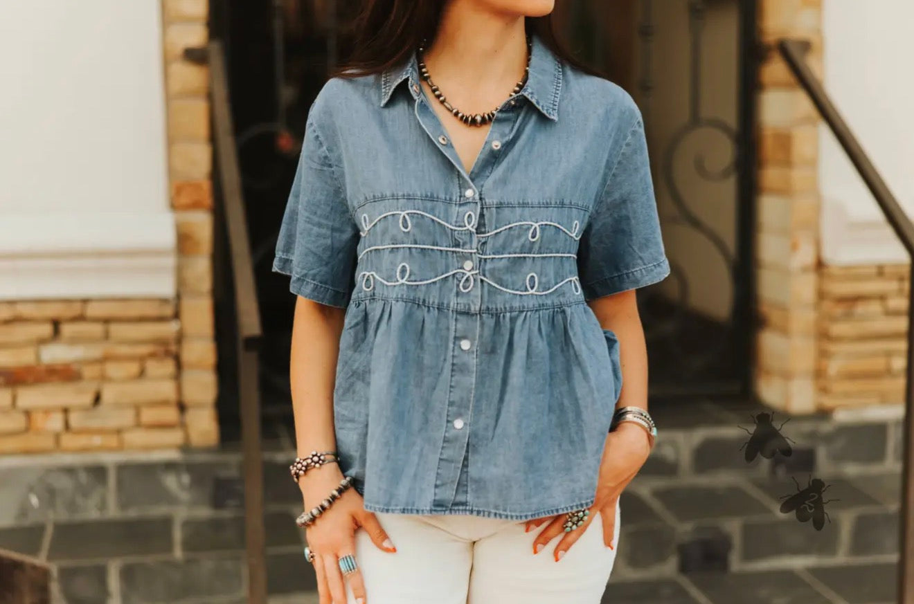 Loopty Lou Button Up Top- DENIM