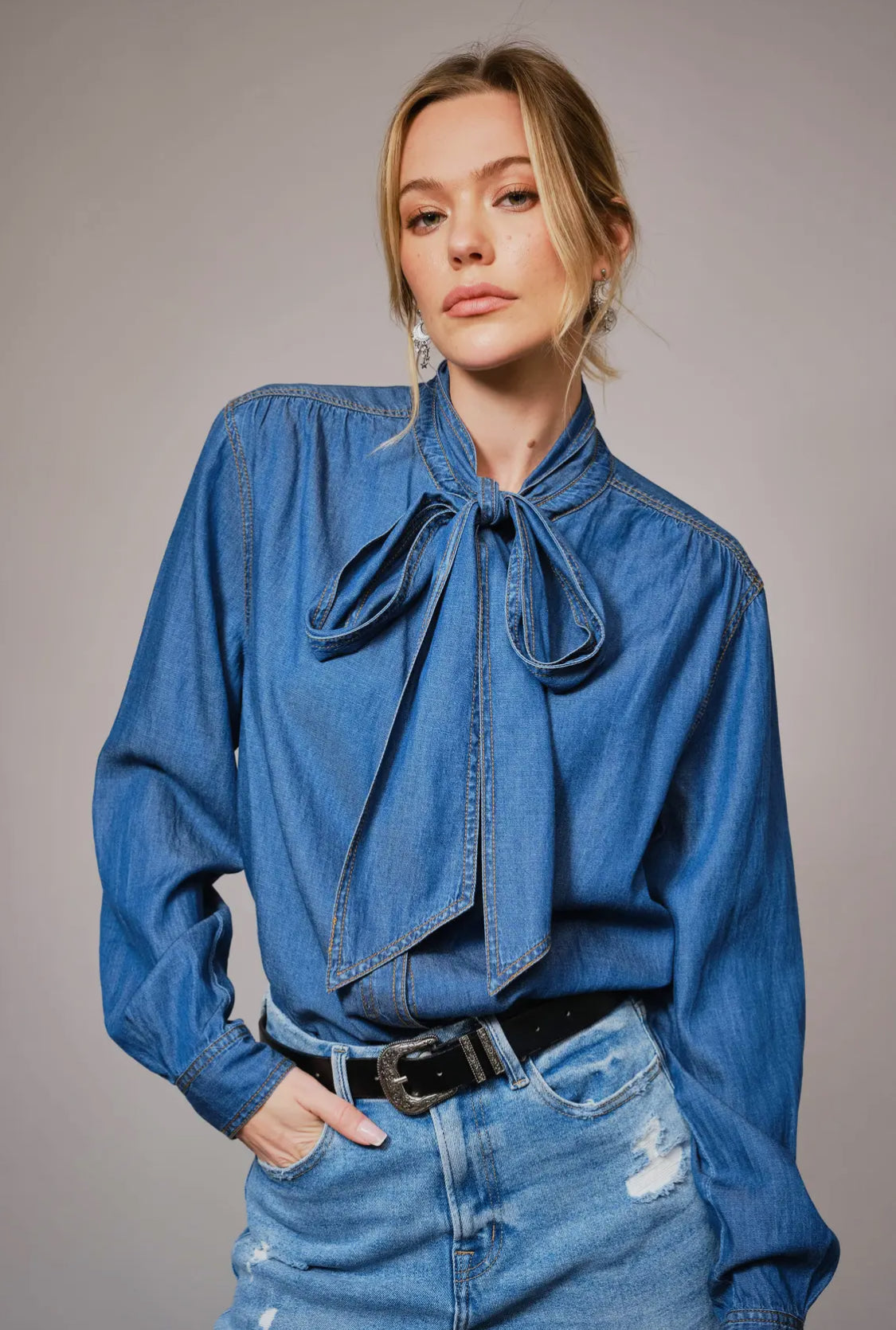 Denim Blue Tie Top Blouse- Dark Wash