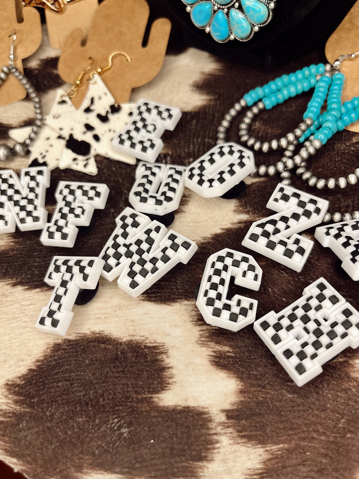 Black and White Checkered Initial Croc Charms