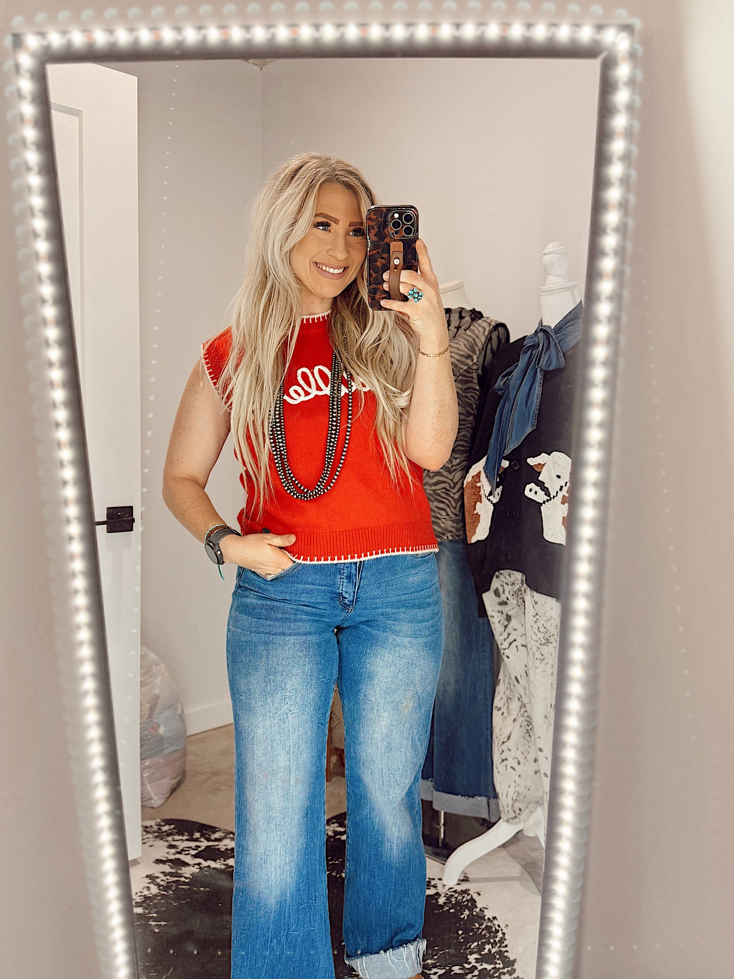 "Saddle Up" Red Knitted Sleeveless Sweater Top