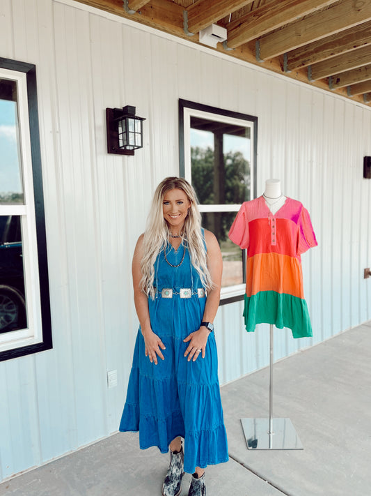 Blue Sleeveless Tiered Maxi Dress