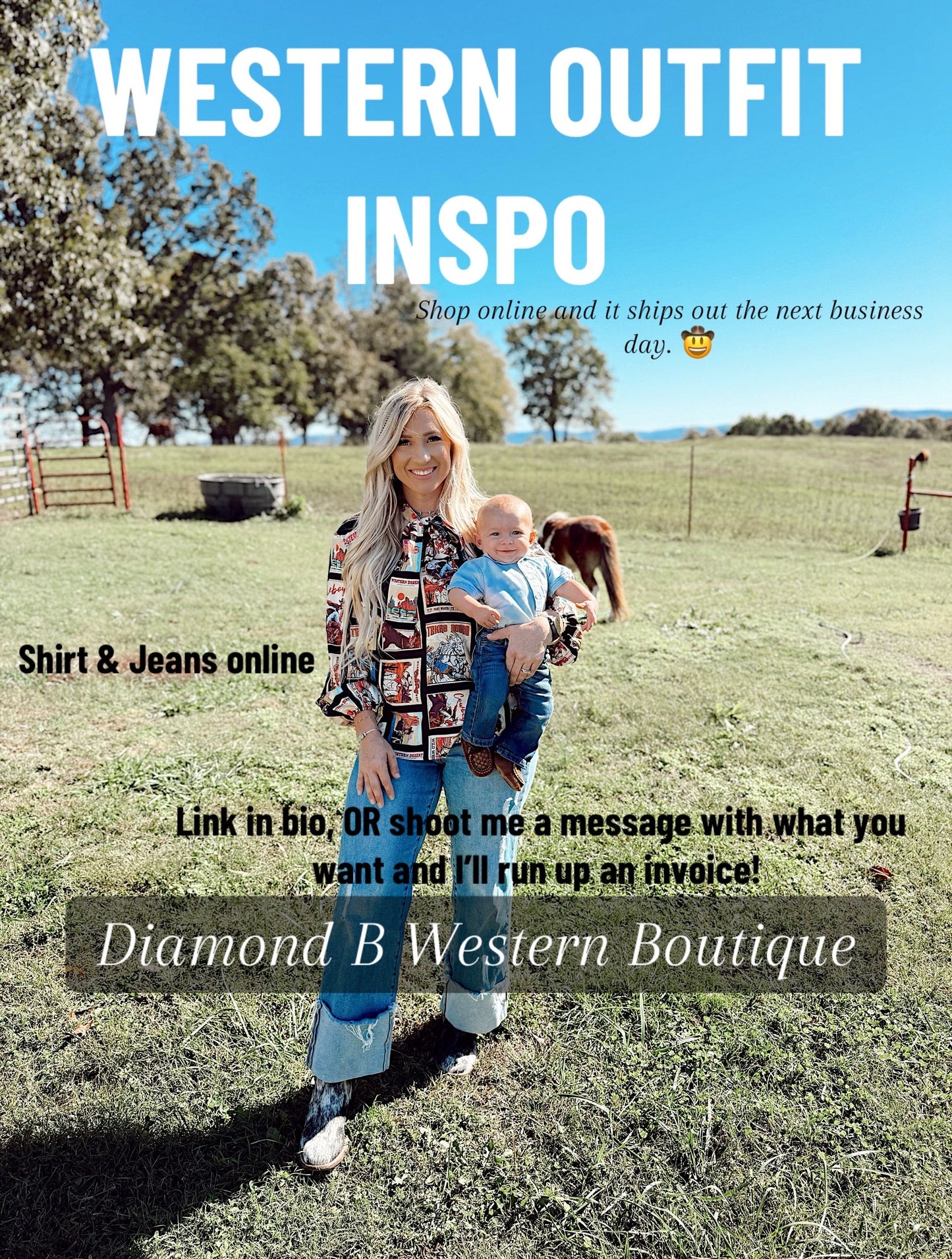 Western Cowboy Stamps Print— Ribbon Blouse