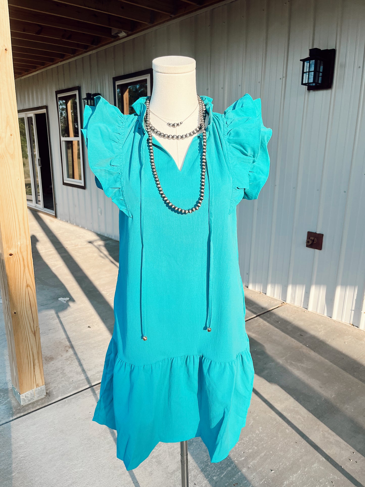 Tiered Ruffle Sleeved Mini Dress- Teal