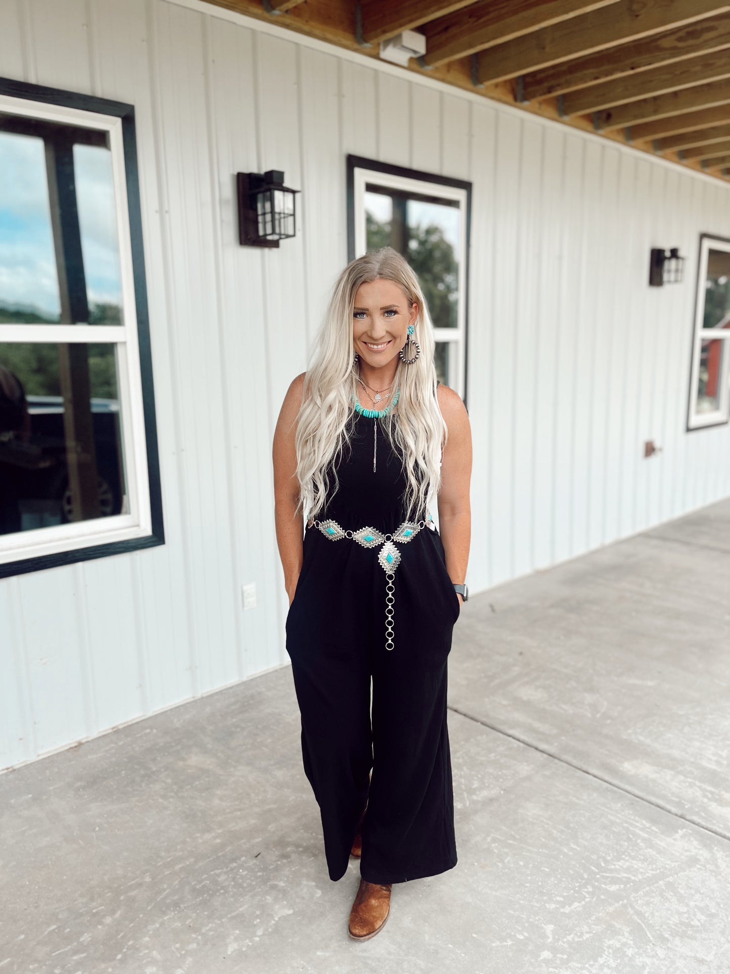 Waffle Knit Wide Leg Jumpsuit- Black