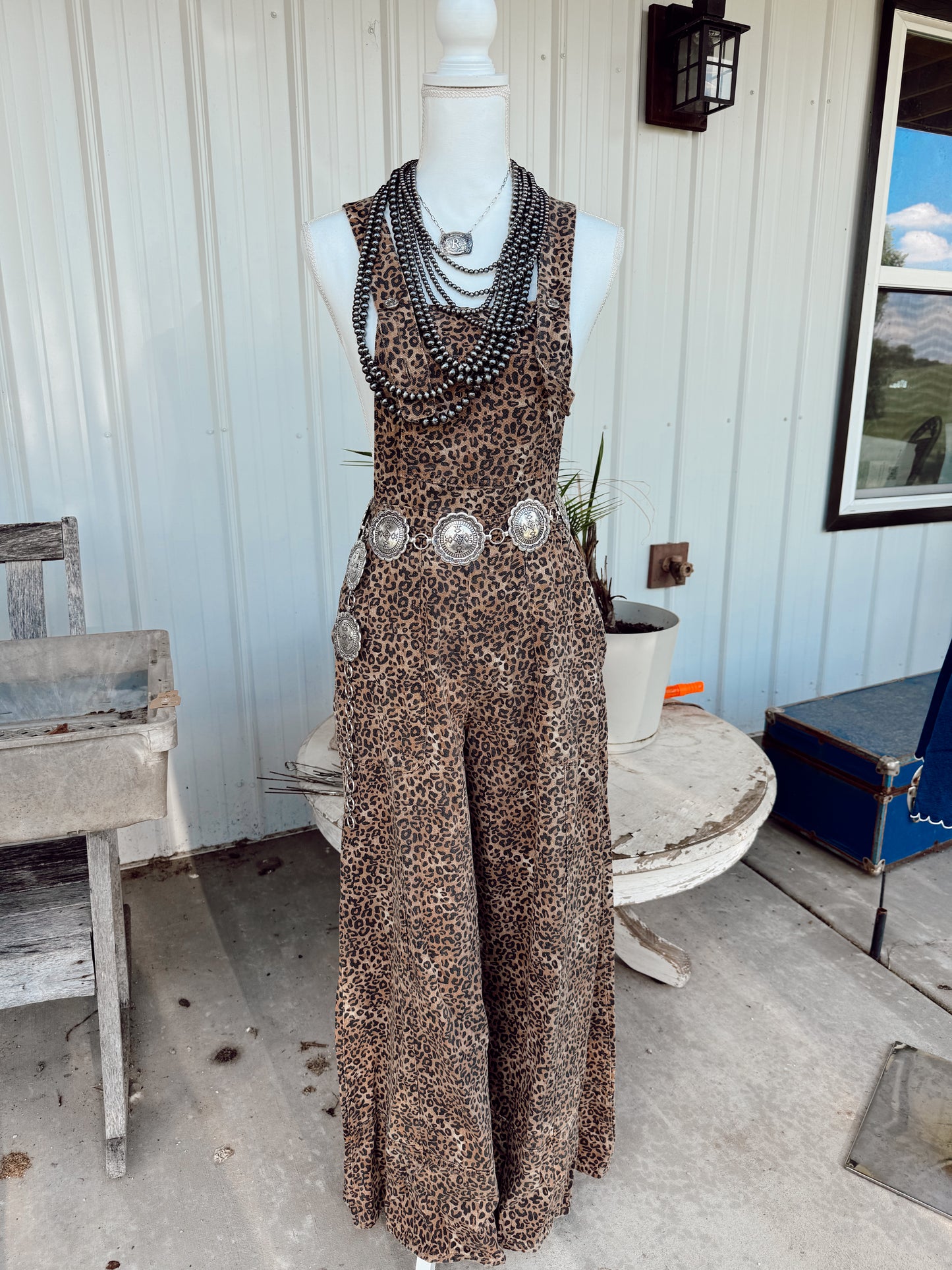 Denim Cheetah Wide Leg Overalls