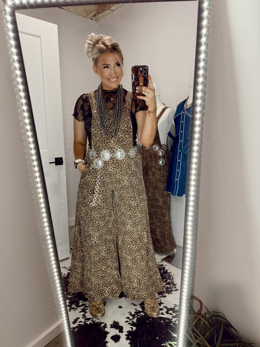 Denim Cheetah Wide Leg Overalls