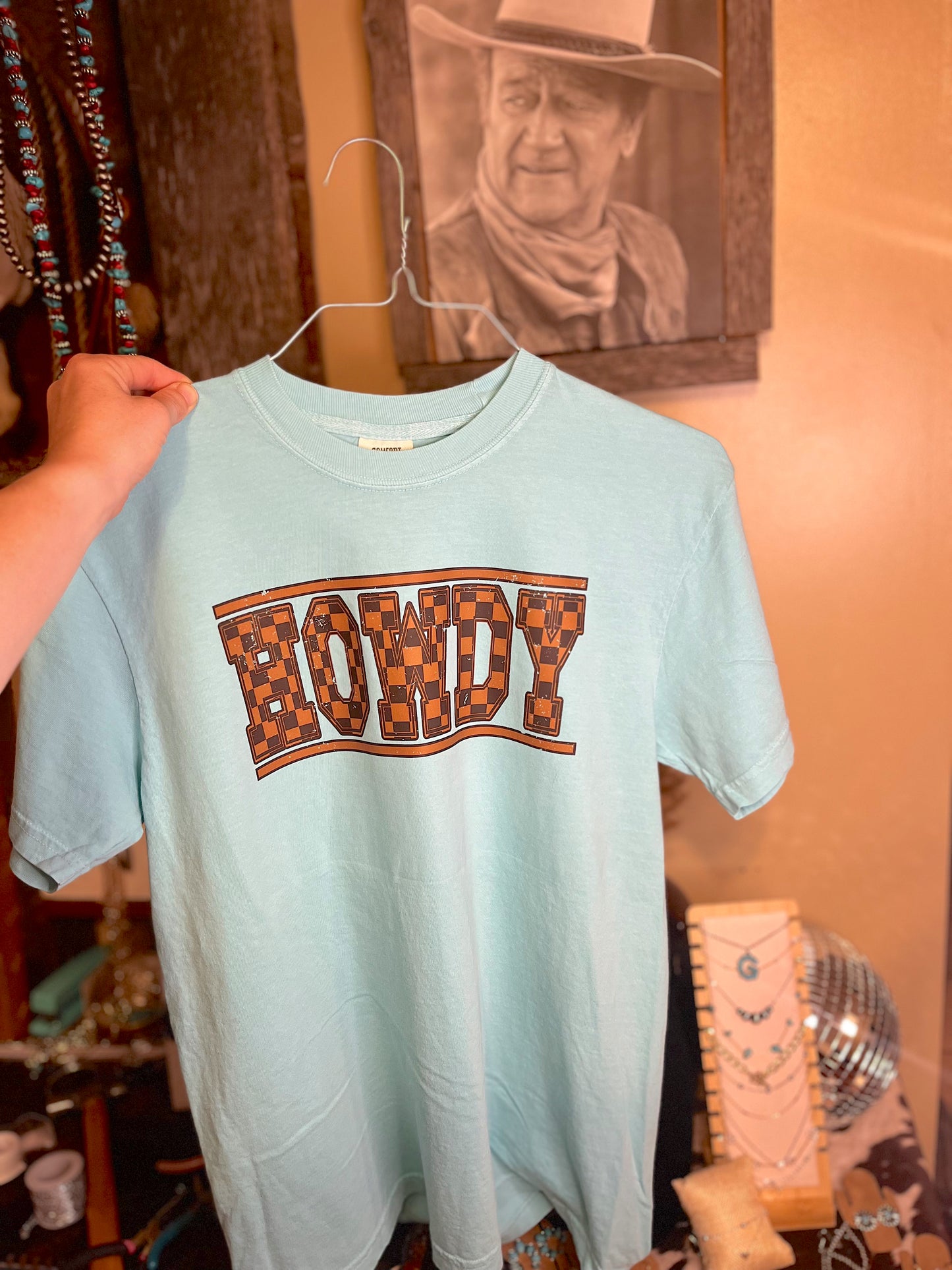 Checkered HOWDY Tee on Chalk Mint