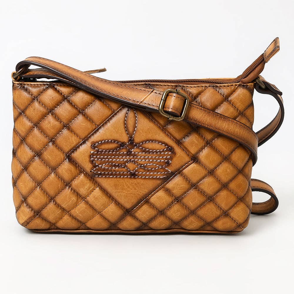 American Darling Bag: Quilted Tan Leather Crossbody Bag — Western Boot Stitch
