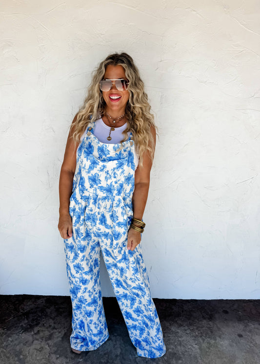 Cassidy Floral Boho Overalls: Blue Floral