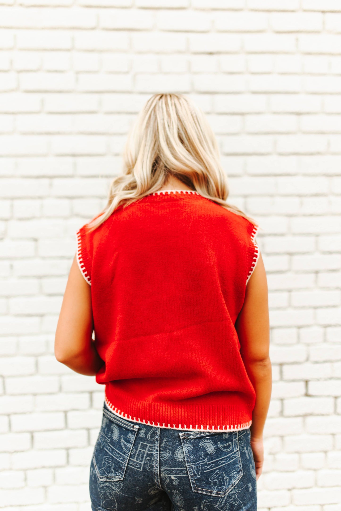 "Saddle Up" Red Knitted Sleeveless Sweater Top
