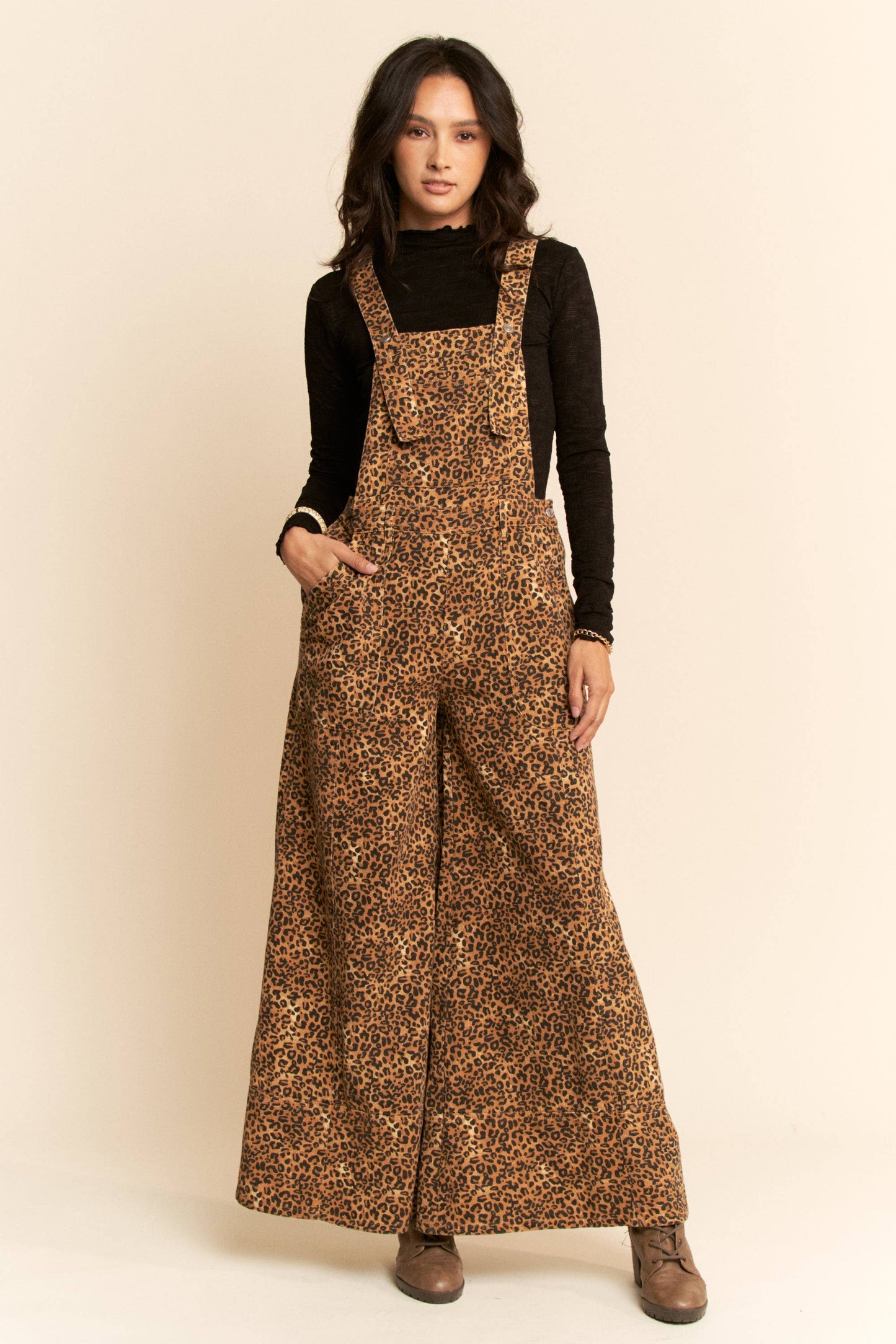 Denim Cheetah Wide Leg Overalls