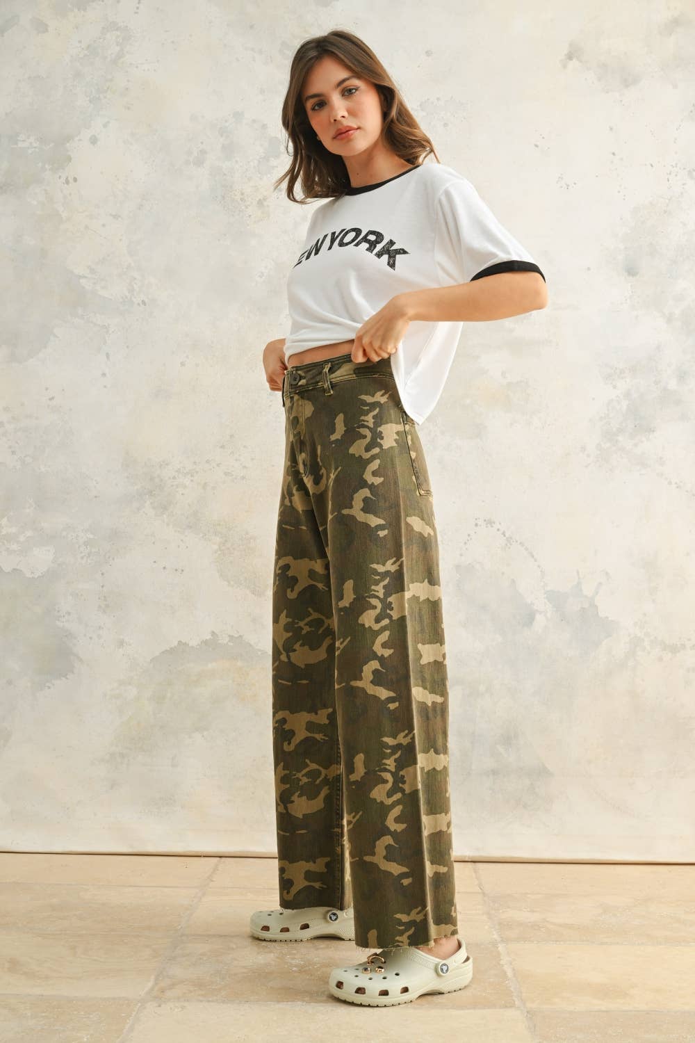 Camouflage Print Stretch Wide Leg Pants