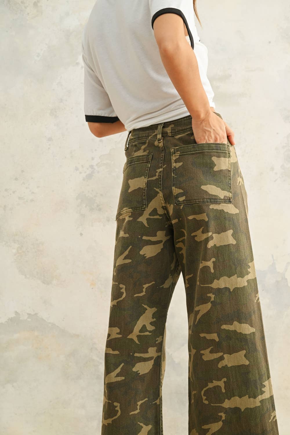 Camouflage Print Stretch Wide Leg Pants