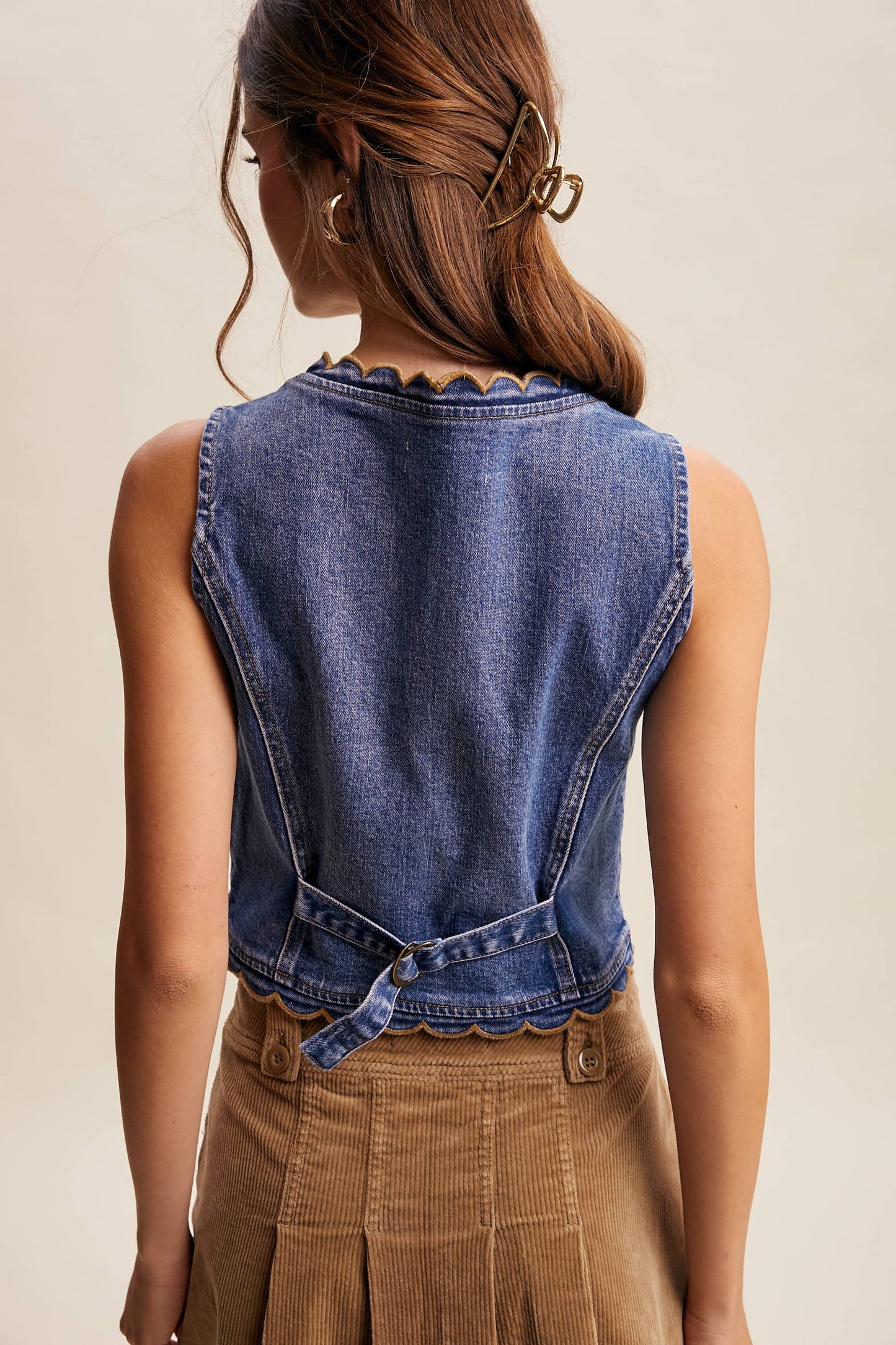 Scallop Trim Stretch Denim Vest—Drift Blue