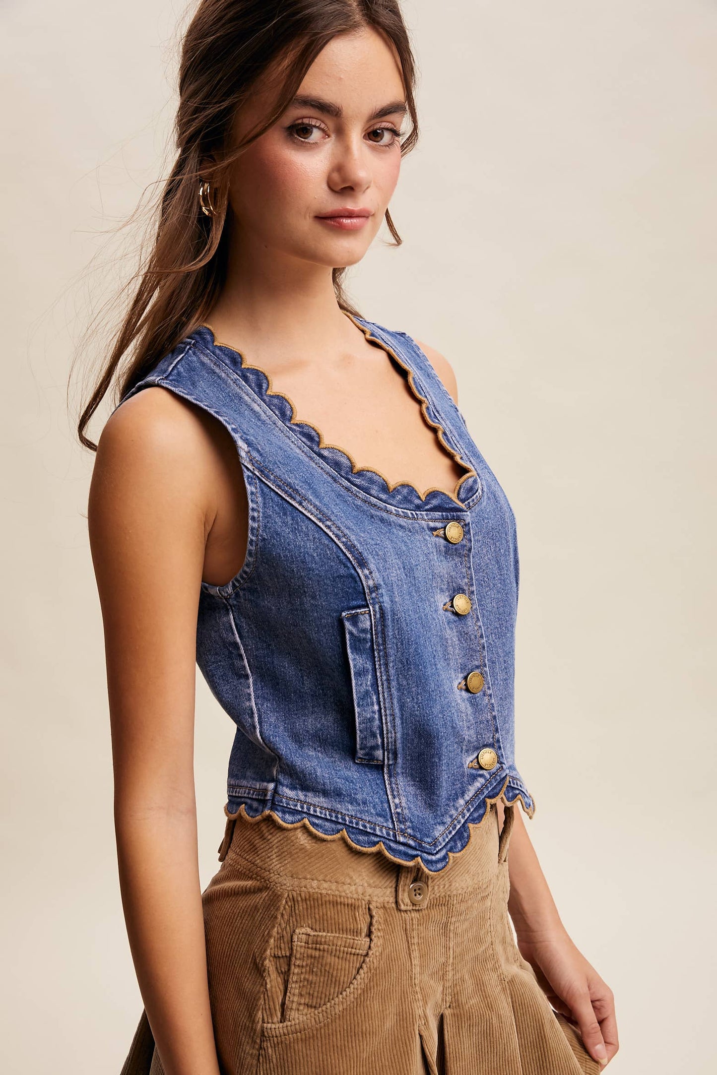 Scallop Trim Stretch Denim Vest—Drift Blue