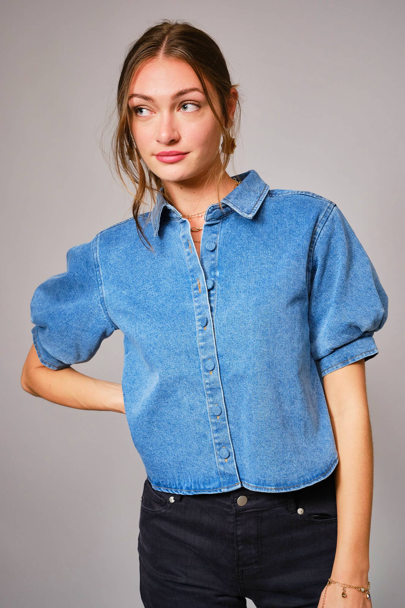 Puff Short Sleeve Button Down Denim Shirt— Medium Wash