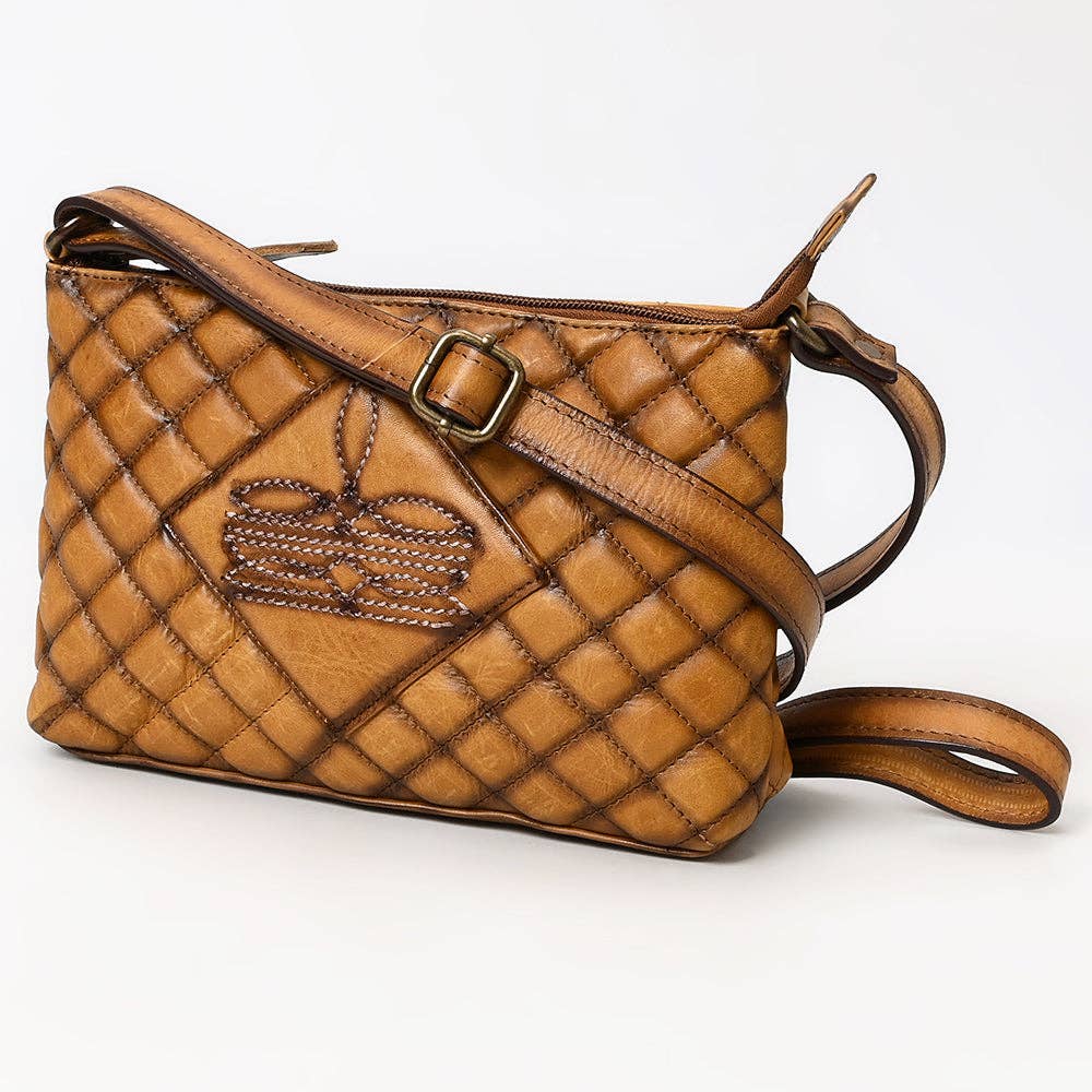 American Darling Bag: Quilted Tan Leather Crossbody Bag — Western Boot Stitch