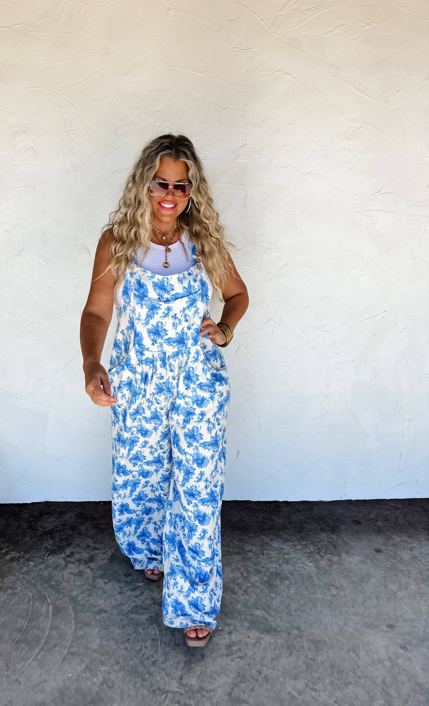 Cassidy Floral Boho Overalls: Blue Floral