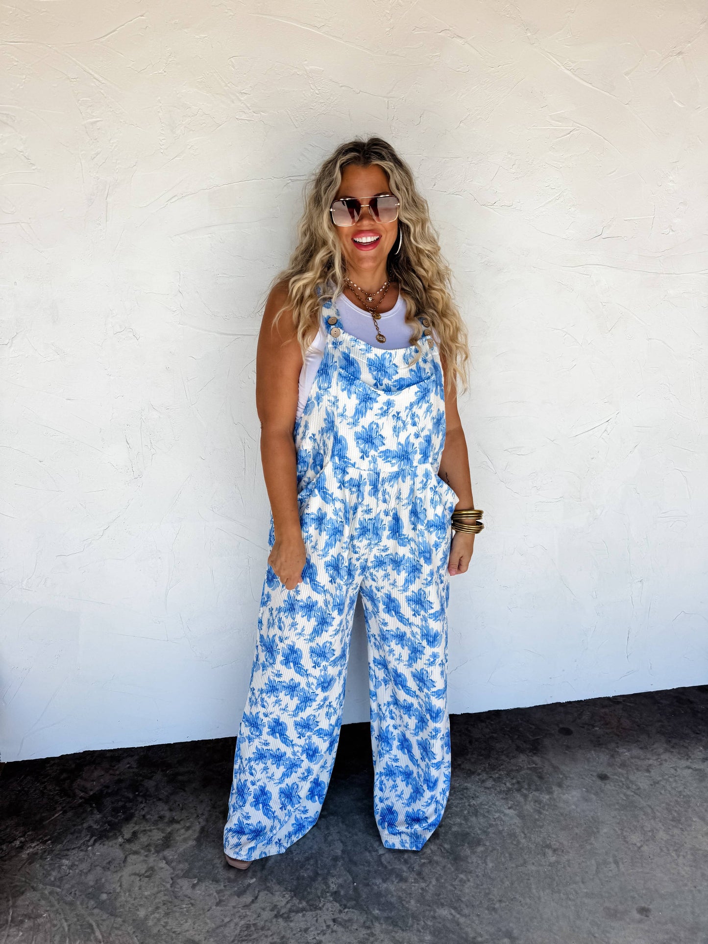 Cassidy Floral Boho Overalls: Blue Floral