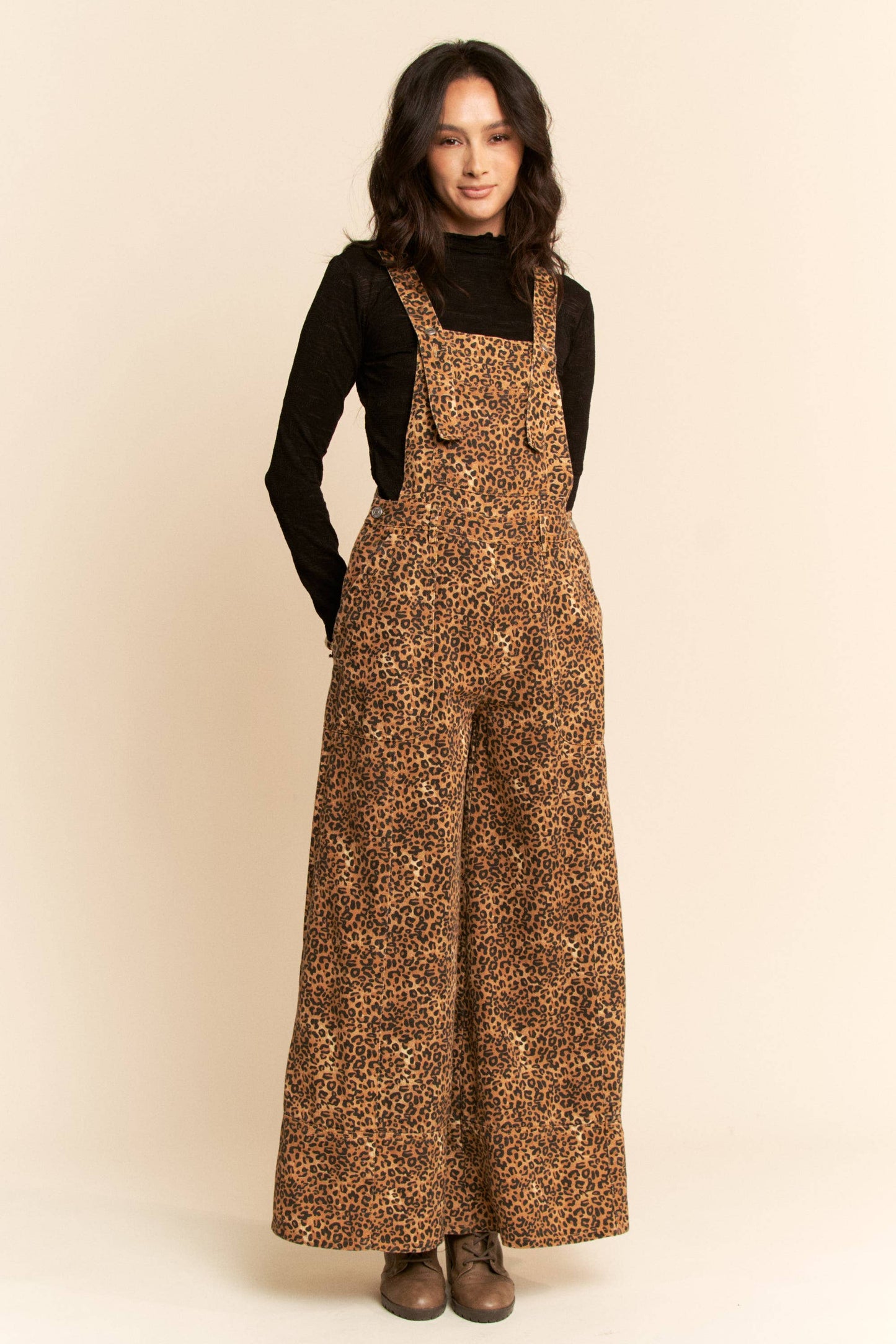 Denim Cheetah Wide Leg Overalls