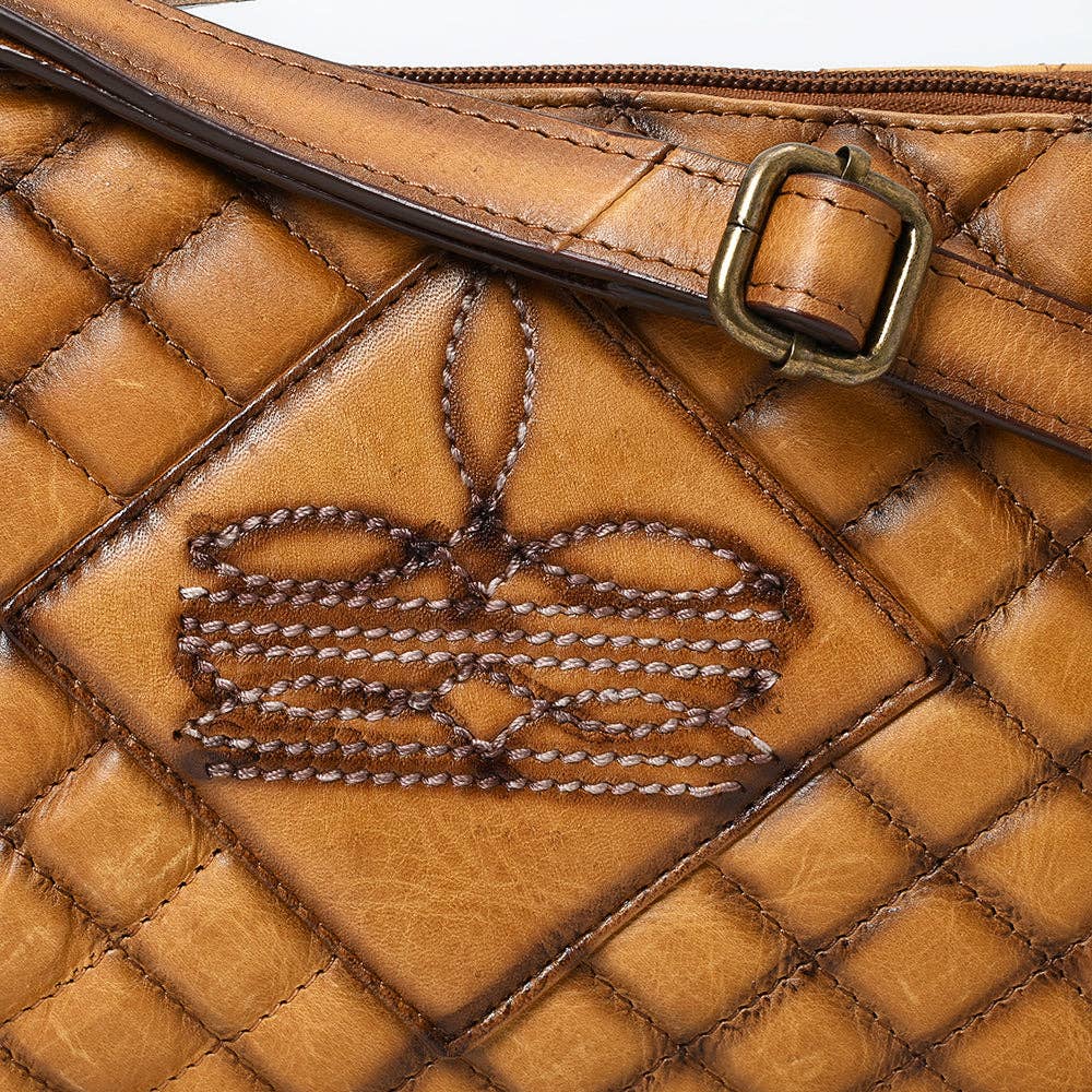 American Darling Bag: Quilted Tan Leather Crossbody Bag — Western Boot Stitch