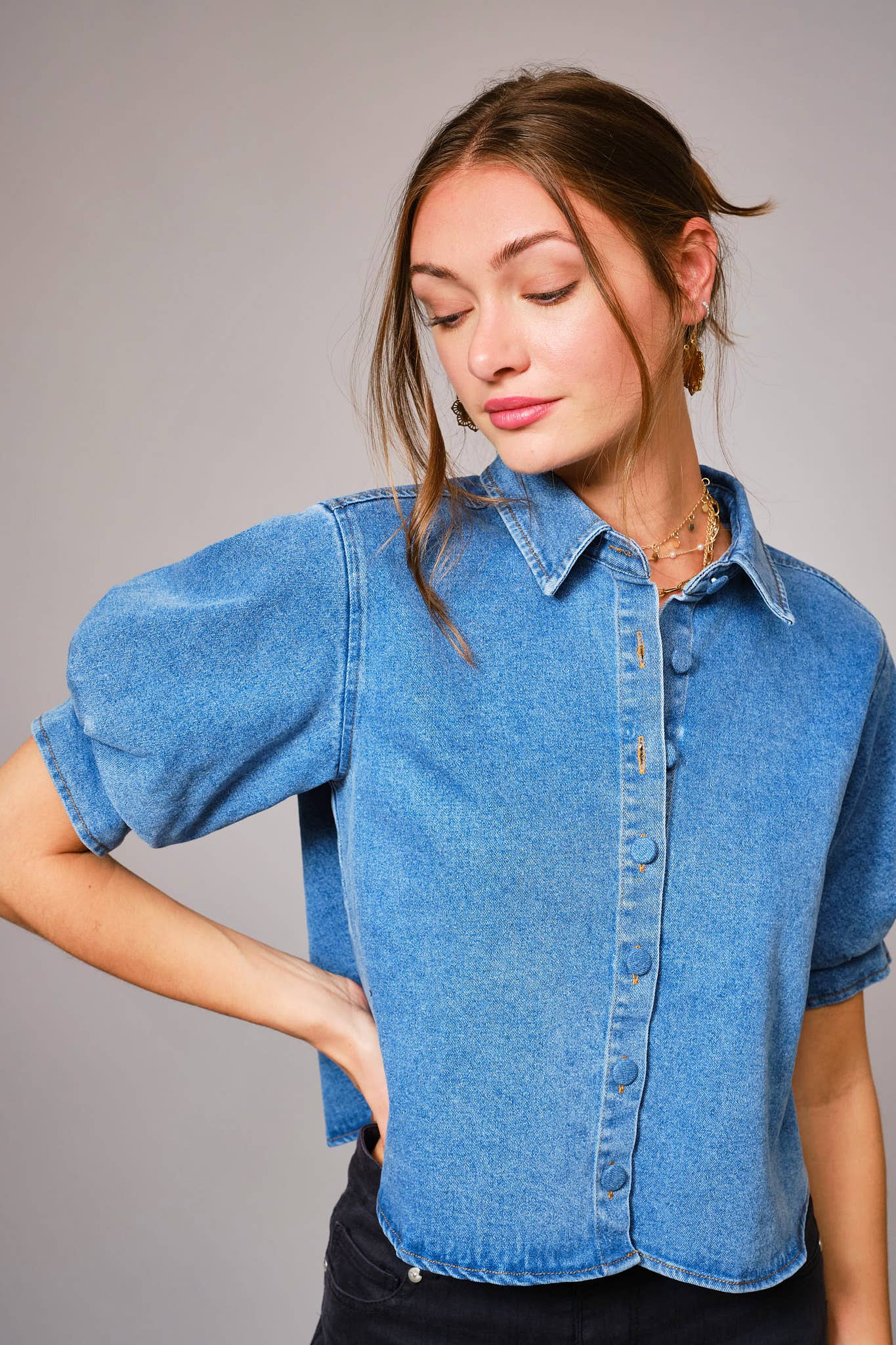 Puff Short Sleeve Button Down Denim Shirt— Medium Wash
